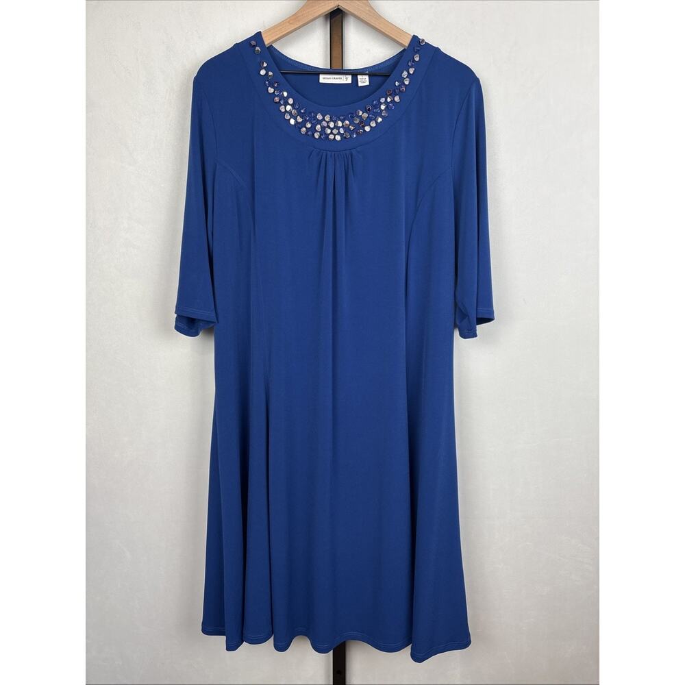 Susan Graver Liquid Knit Midi Shift Dress Women's Large Blue Beaded Neckline